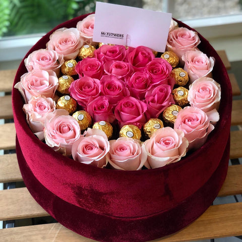 Box Terciopelo Small Elegant Rosas Importadas y Ferrero Rocher